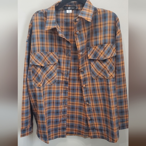 Daisy Street Tops - Daisy Street Oversized Orange & Blue Plaid Shirt with Chest Pockets